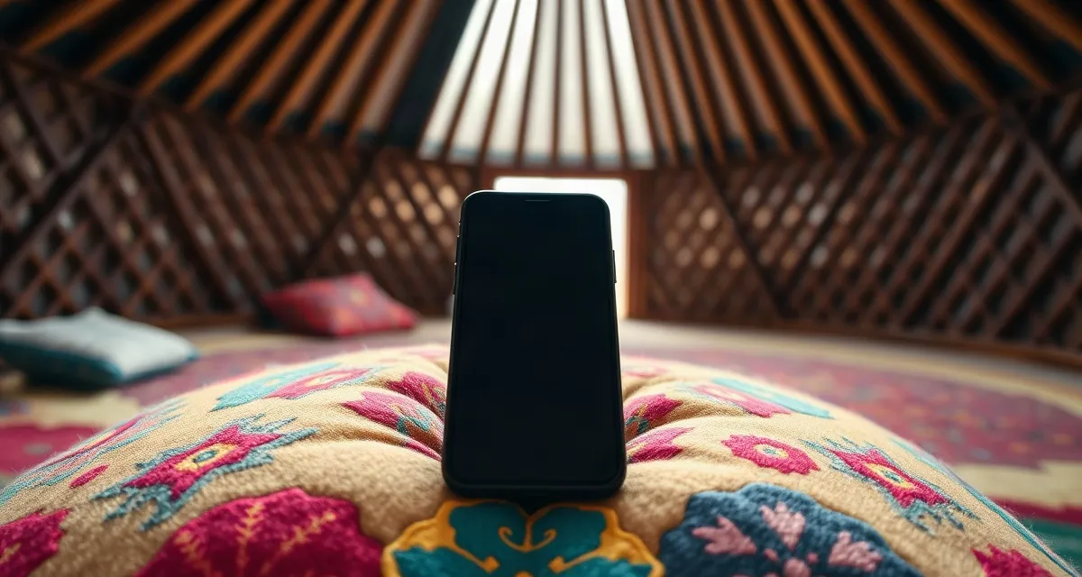 Inside a yurt, Kyrgyzstan Phone with a dark screen on a felt cushion inside a yurt, Kyrgyzstan