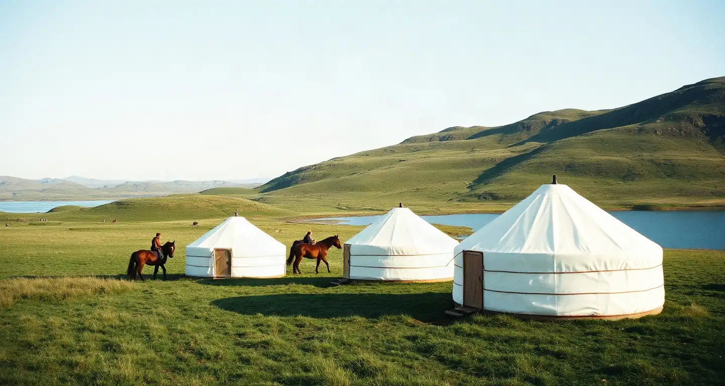 Yurts on a high mountain pasture beside Song-Köl lake under a clear sky, Kyrgyzstan