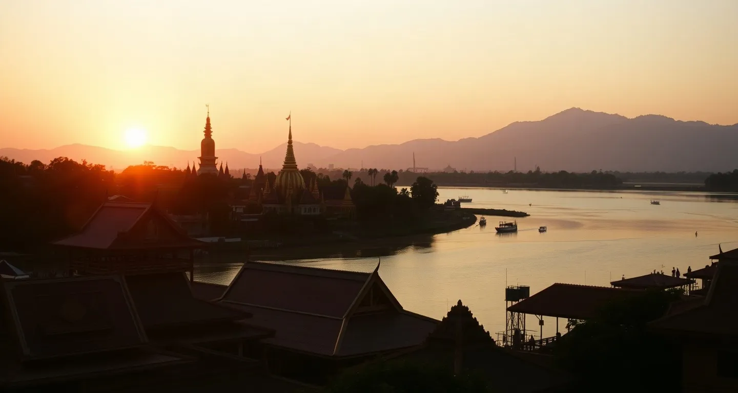 Golden temple roofs above the Mekong river at sunset in Luang Prabang, Laos