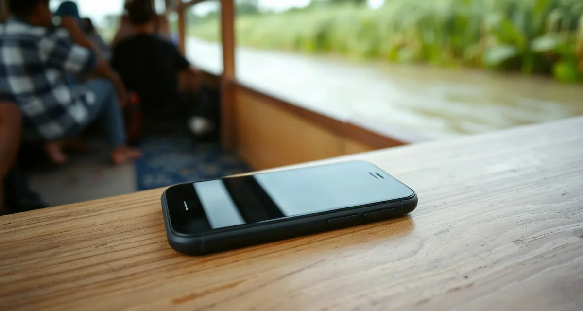 Phone with a dark screen on a wooden boat seat on the Mekong in Laos