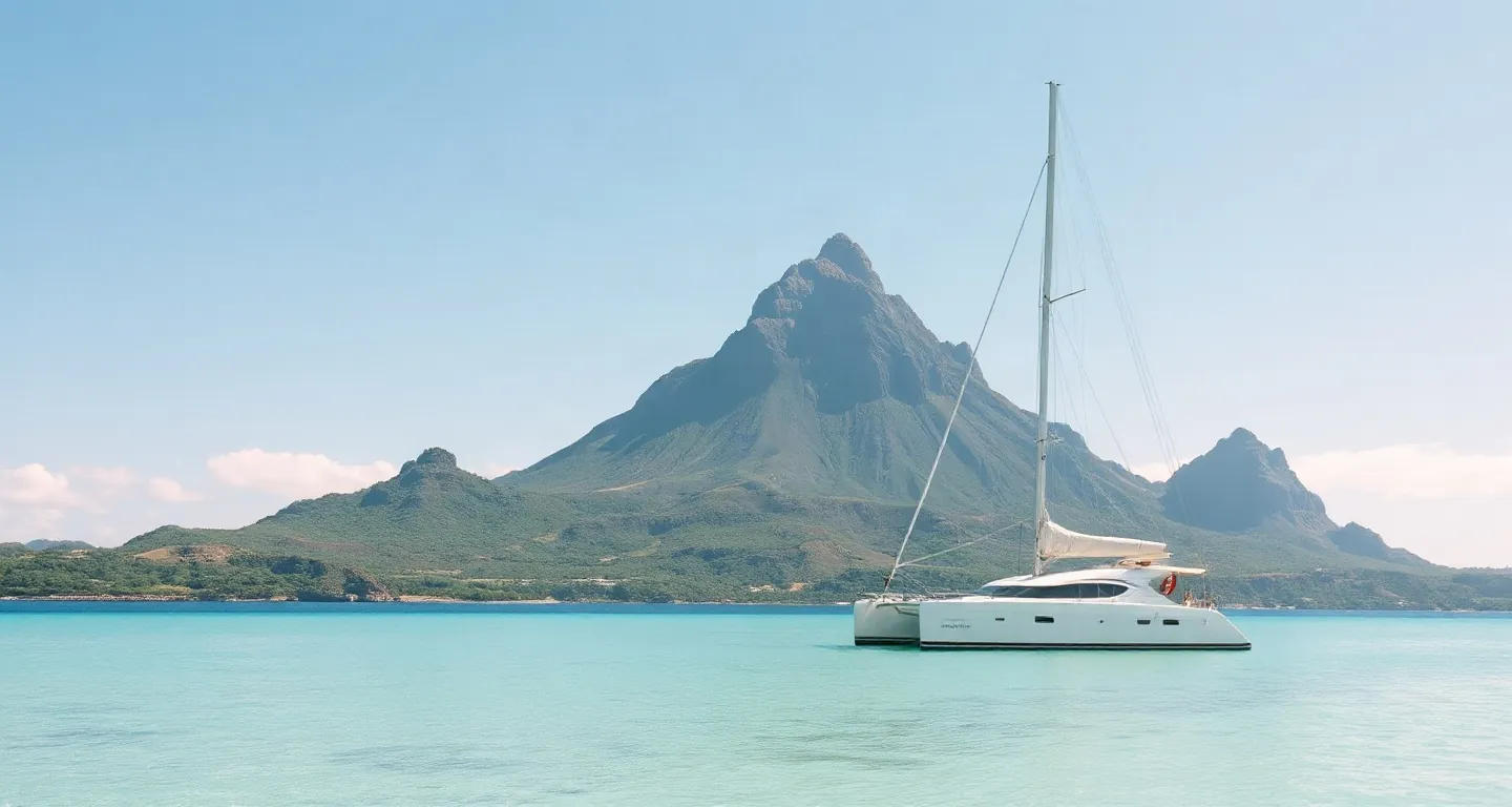 Basalt mountain above a turquoise lagoon with a white catamaran, Mauritius