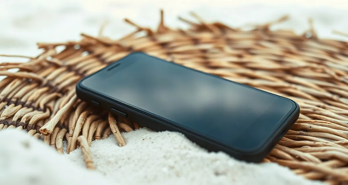 Phone with a dark screen on a straw beach mat by a turquoise lagoon in Mauritius