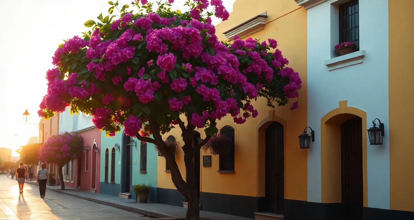Colourful colonial street with bougainvillea in a Mexican town at golden hour