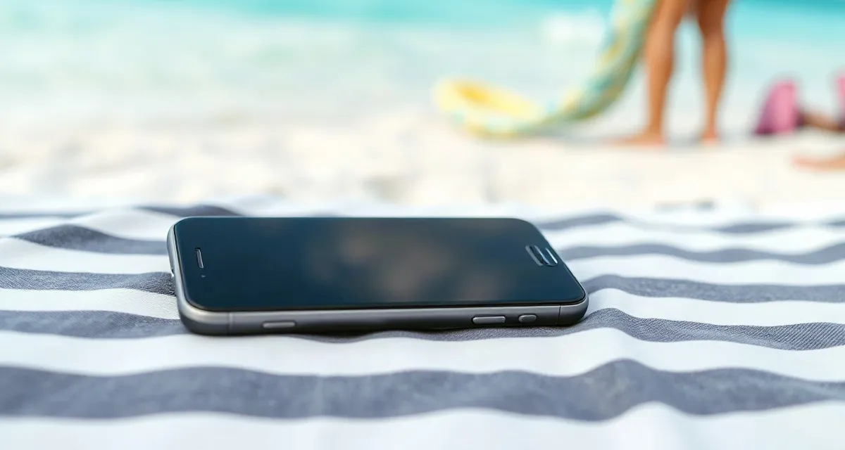 Phone with a dark screen on a beach towel on the Caribbean coast of Mexico