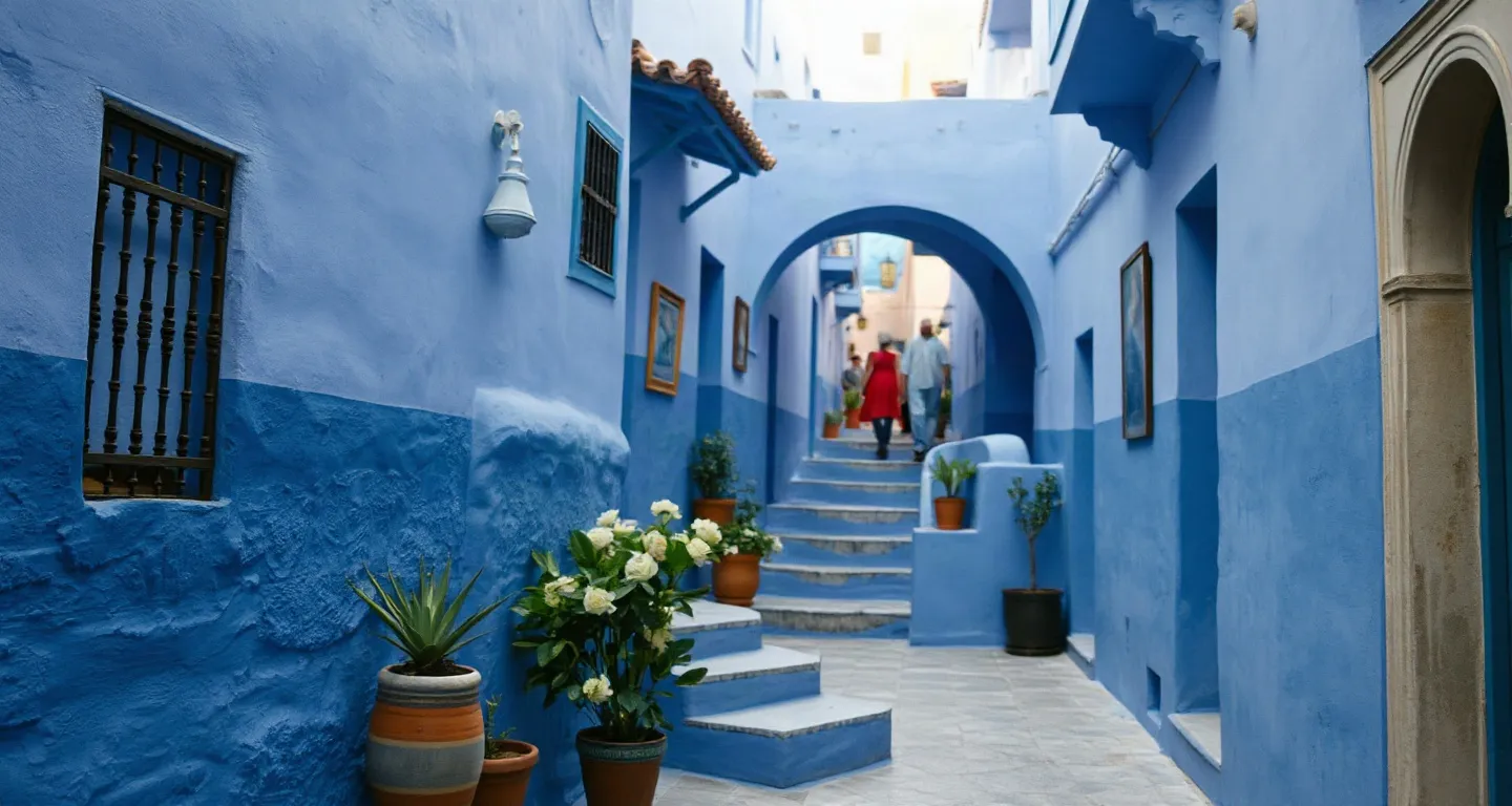 Blue-washed alley with potted plants in Chefchaouen, Morocco