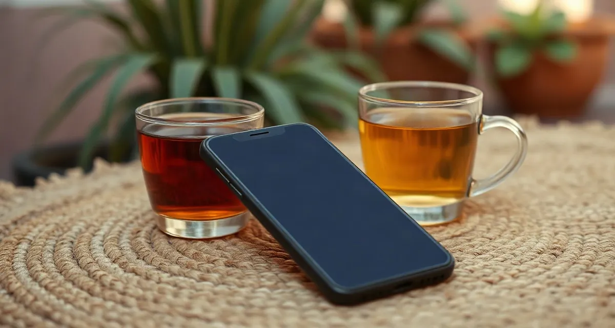 Phone with a dark screen on a woven rug beside mint tea in a Moroccan riad
