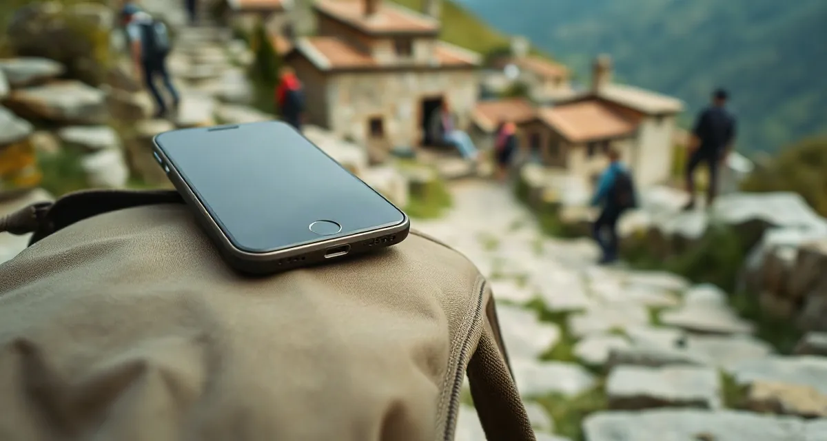 Trekking in Nepal Phone with a dark screen on a rucksack on a Himalayan trekking path