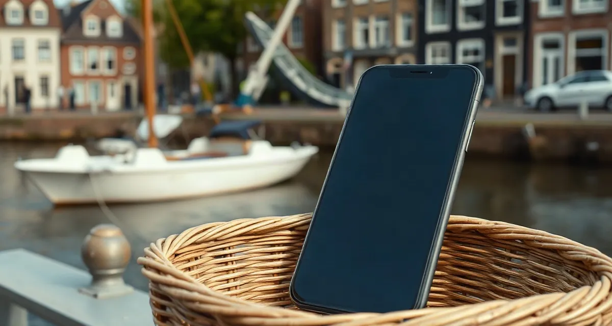 Phone with a dark screen in a bicycle basket beside a canal in the Netherlands