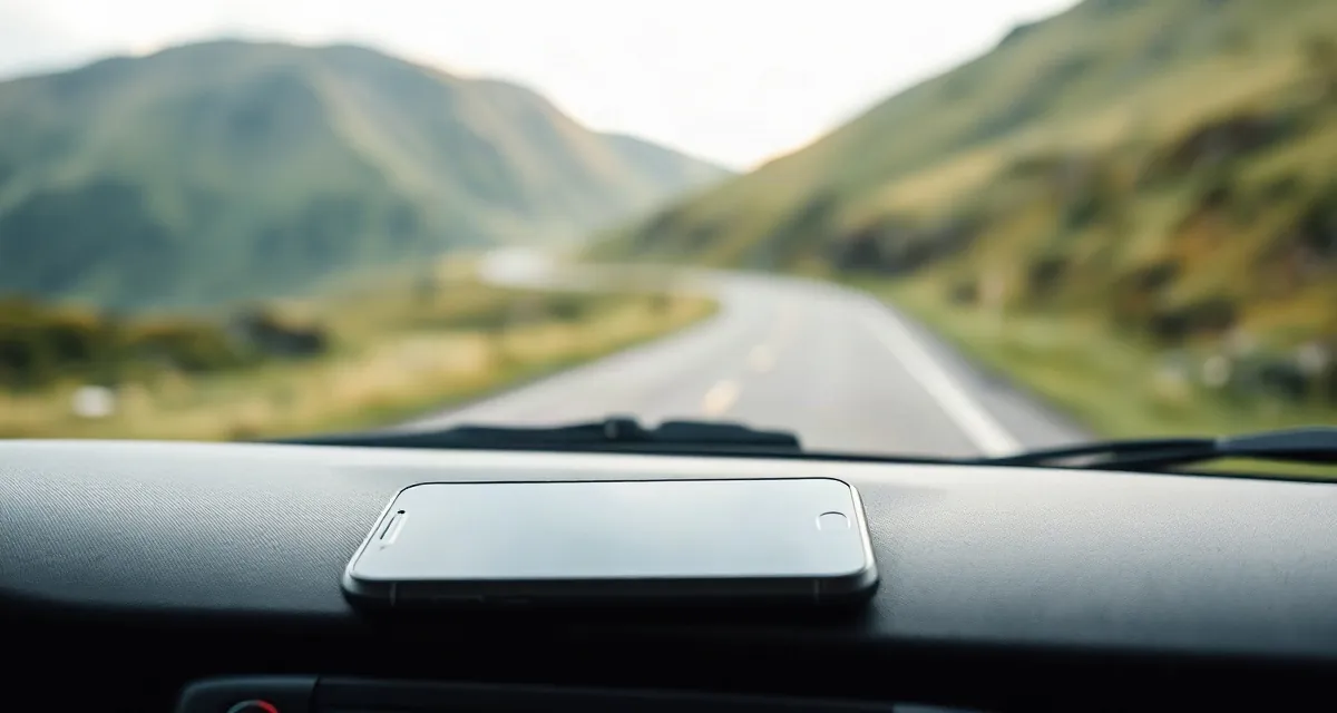 Phone with a dark screen on a campervan dashboard, New Zealand hills ahead