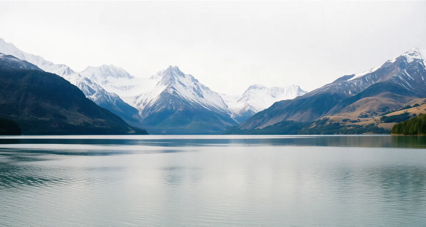 Calm alpine lake with jagged snow-dusted mountains near Queenstown, New Zealand