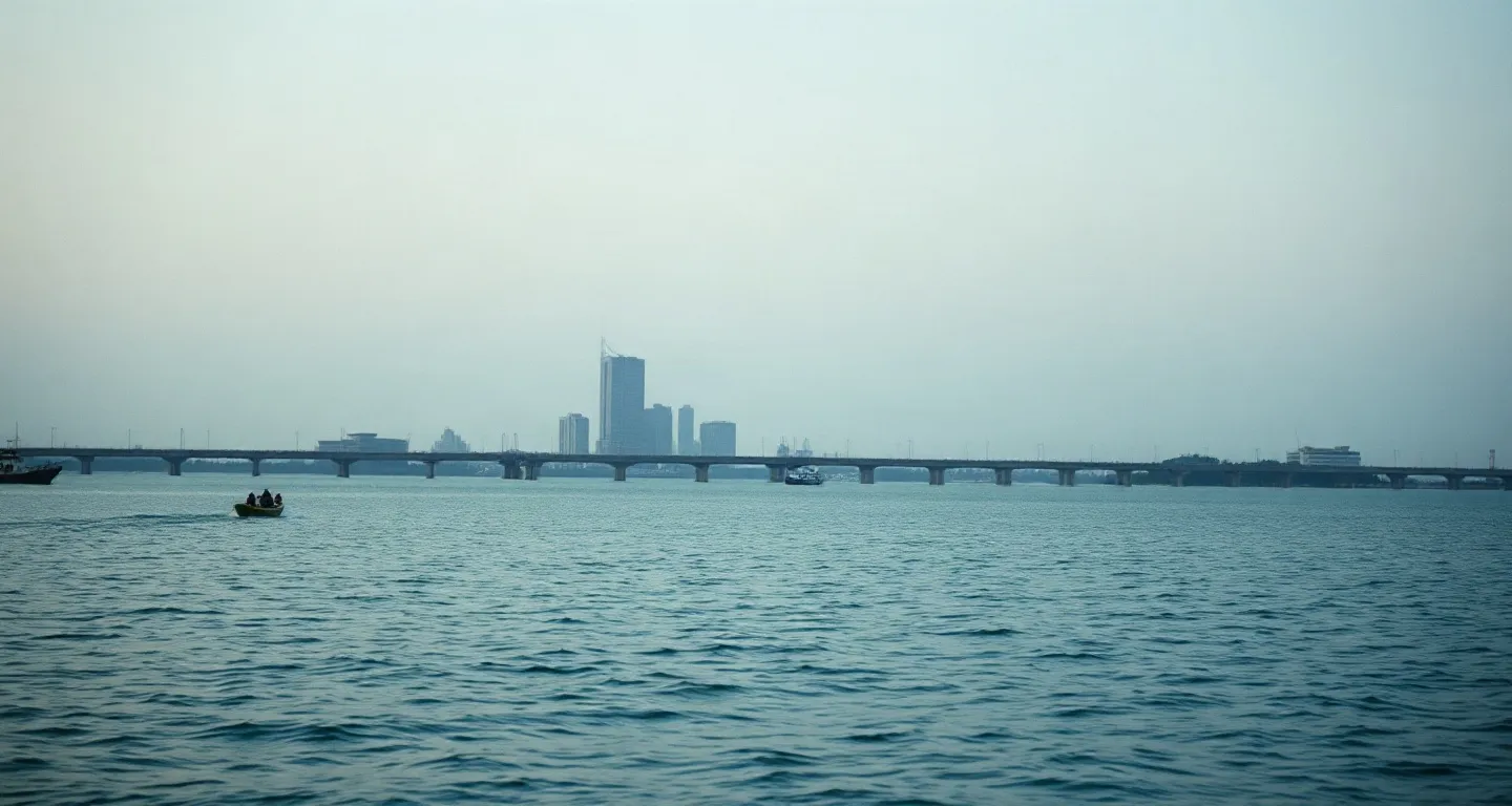 Lagos lagoon and skyline with a long bridge at dusk, Nigeria