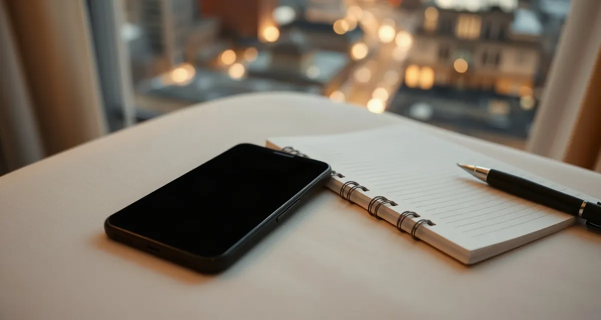 Phone with a dark screen on a hotel desk beside a notebook, city lights outside, Nigeria