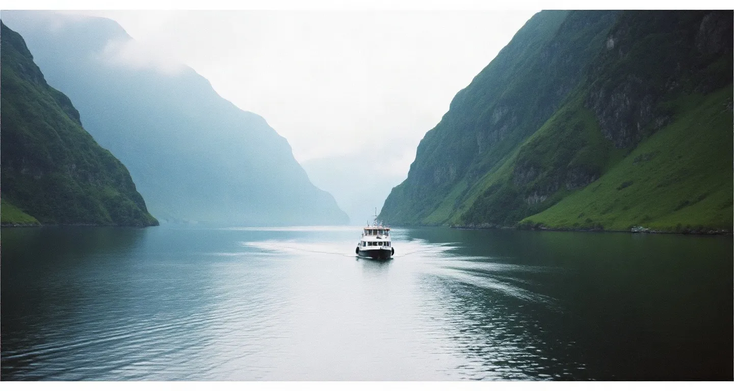 Steep fjord walls and a small ferry on still water in western Norway