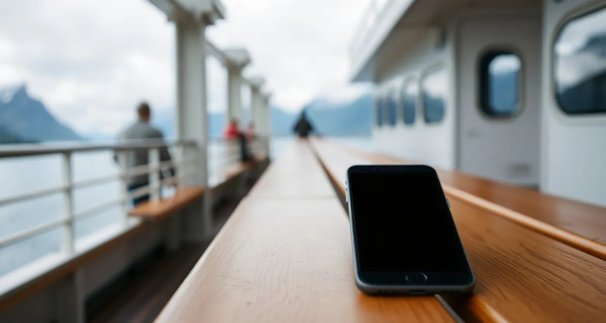 Fjord ferry, Norway Phone with a dark screen on a wooden bench of a fjord ferry in Norway
