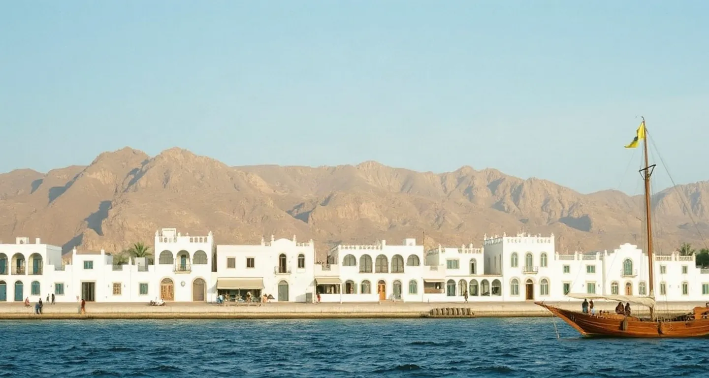 White Muscat waterfront with rugged mountains behind and a wooden dhow, Oman