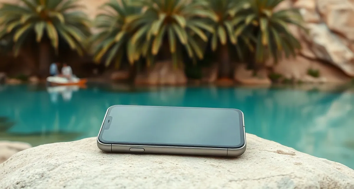 Phone with a dark screen on a rock beside a turquoise wadi pool in Oman