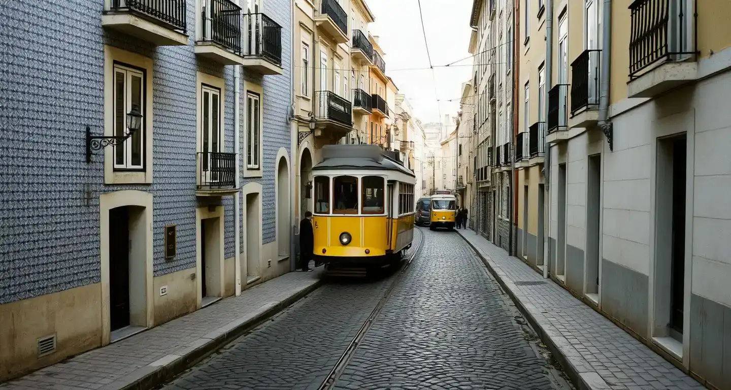Cobbled street past tiled facades in Lisbon with a yellow tram in the distance, Portugal