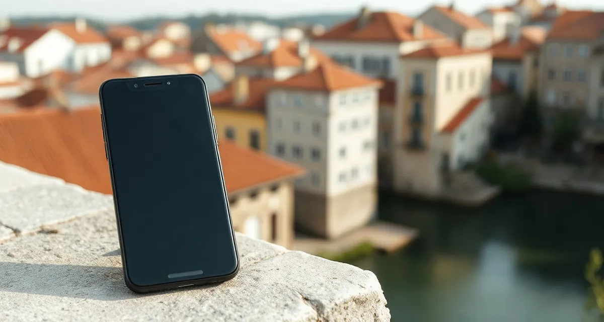 Phone with a dark screen on a stone wall above the Douro river in Porto
