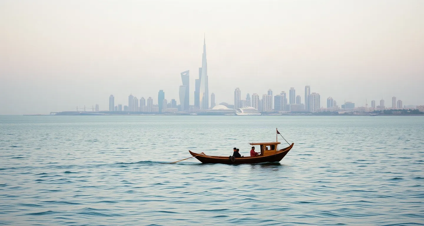 Doha skyline across the bay with a wooden dhow at dusk, Qatar