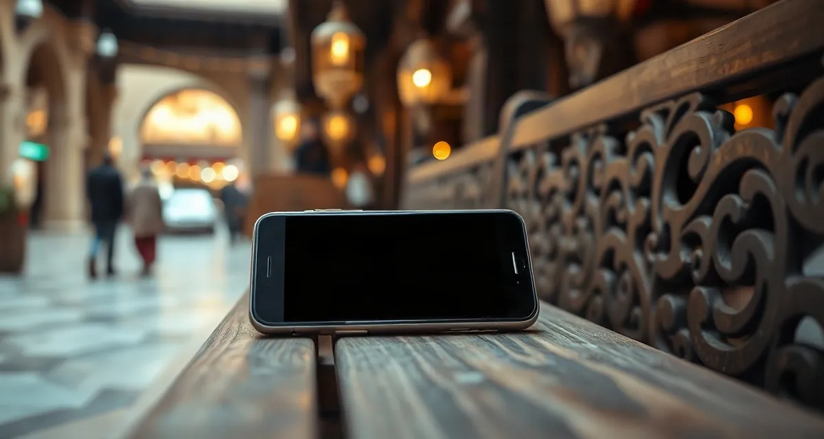 Phone with a dark screen on a carved bench in a Doha souq courtyard
