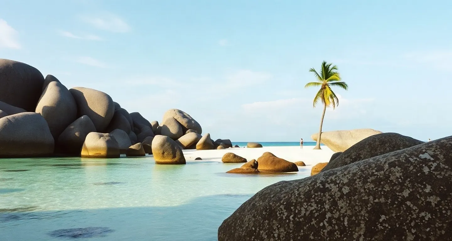 Granite boulders and turquoise shallows on a beach in the Seychelles in morning light