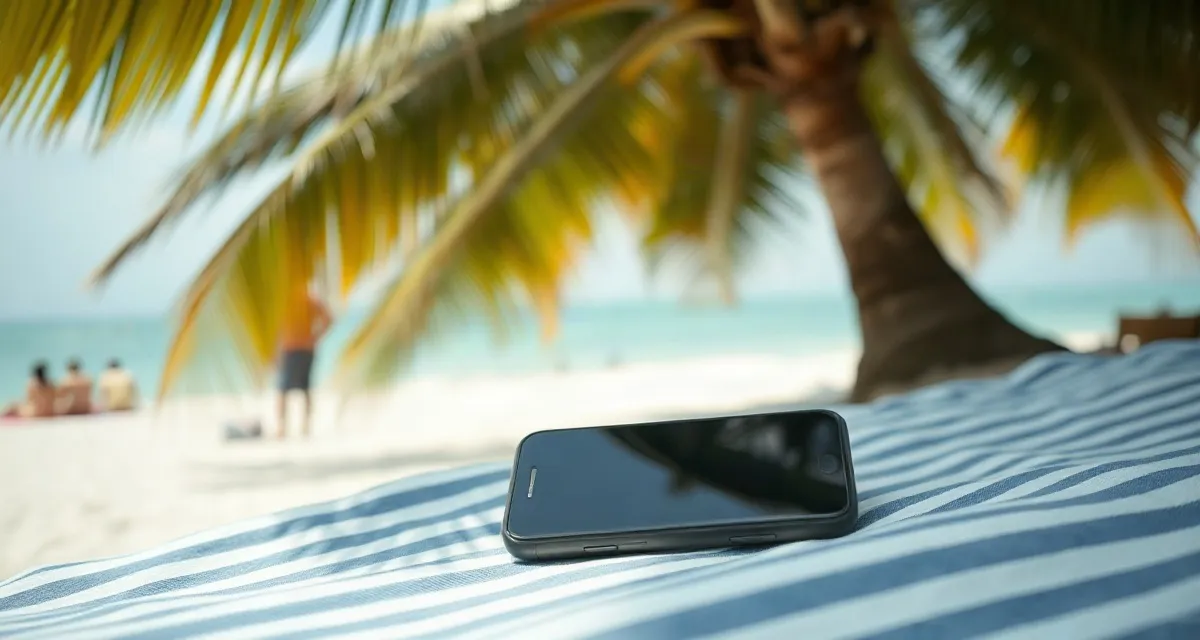 Beach shade, Seychelles Phone with a dark screen on a beach towel in the shade of a tropical tree, Seychelles