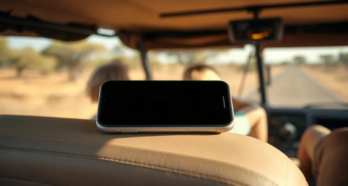 Phone with a dark screen on an open safari vehicle seat, savannah behind