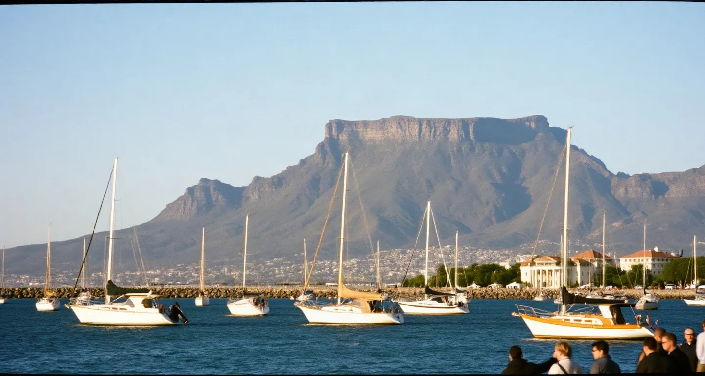 Table Mountain above Cape Town harbour with boats, South Africa