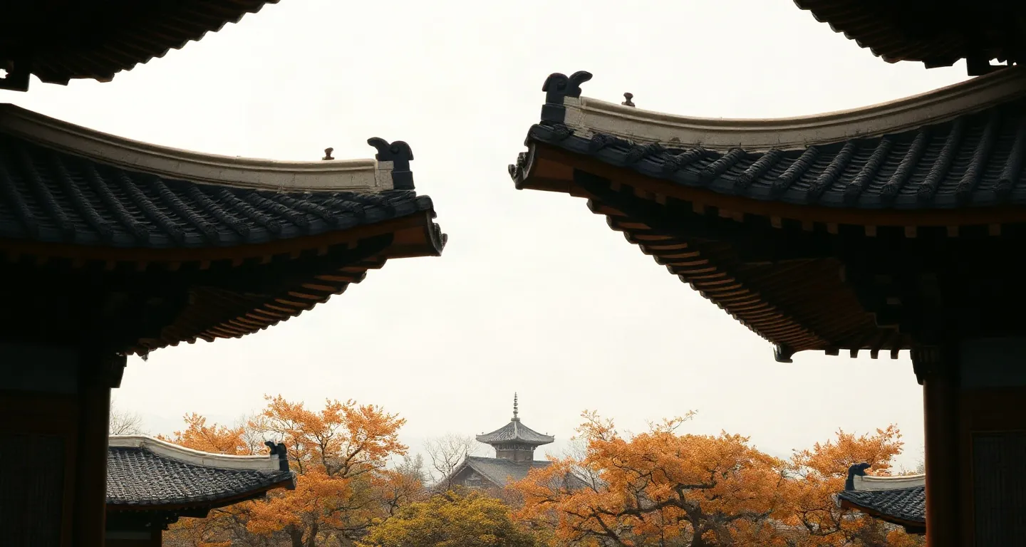 Traditional palace roofs with curved eaves and autumn trees in Seoul, South Korea