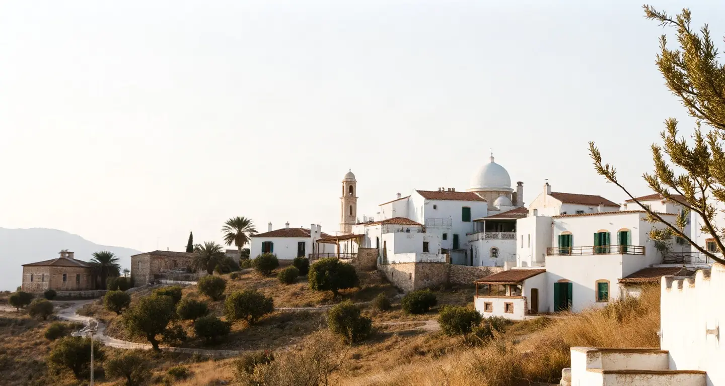 White Andalusian village on a hillside with olive trees, Spain