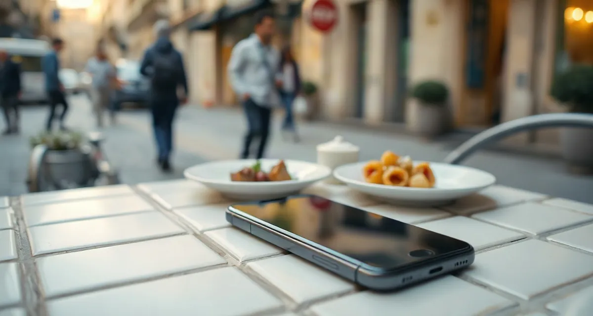 Phone with a dark screen beside tapas plates on a tiled café table in Spain