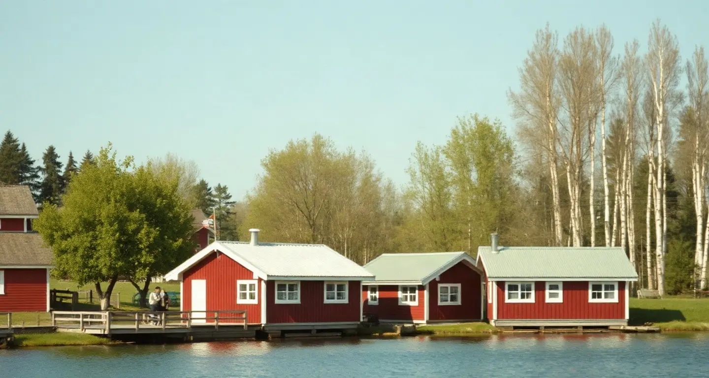 Red wooden cottages beside a calm lake in the Swedish countryside in summer