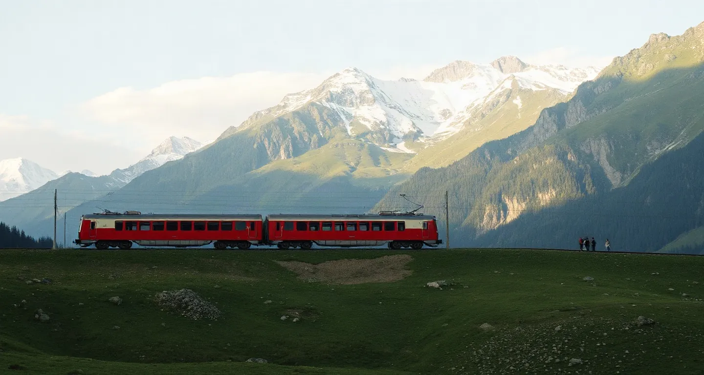 Red mountain train crossing a green alpine valley below snowy peaks, Switzerland