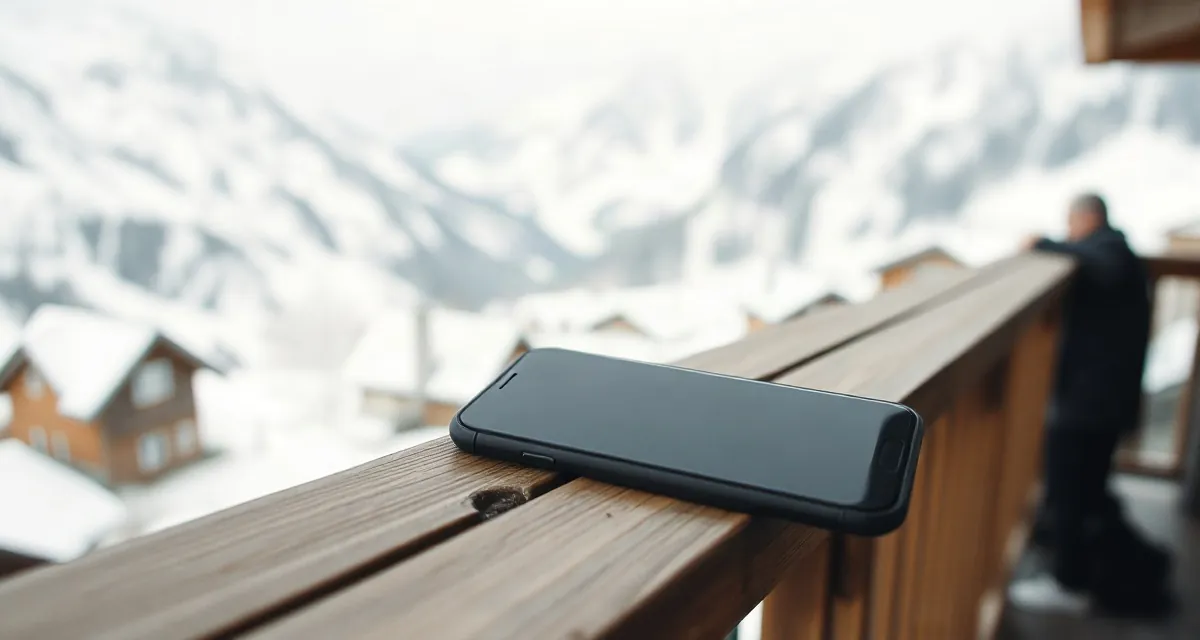 Chalet view, Switzerland Phone with a dark screen on a chalet balcony, snowy Swiss peaks behind