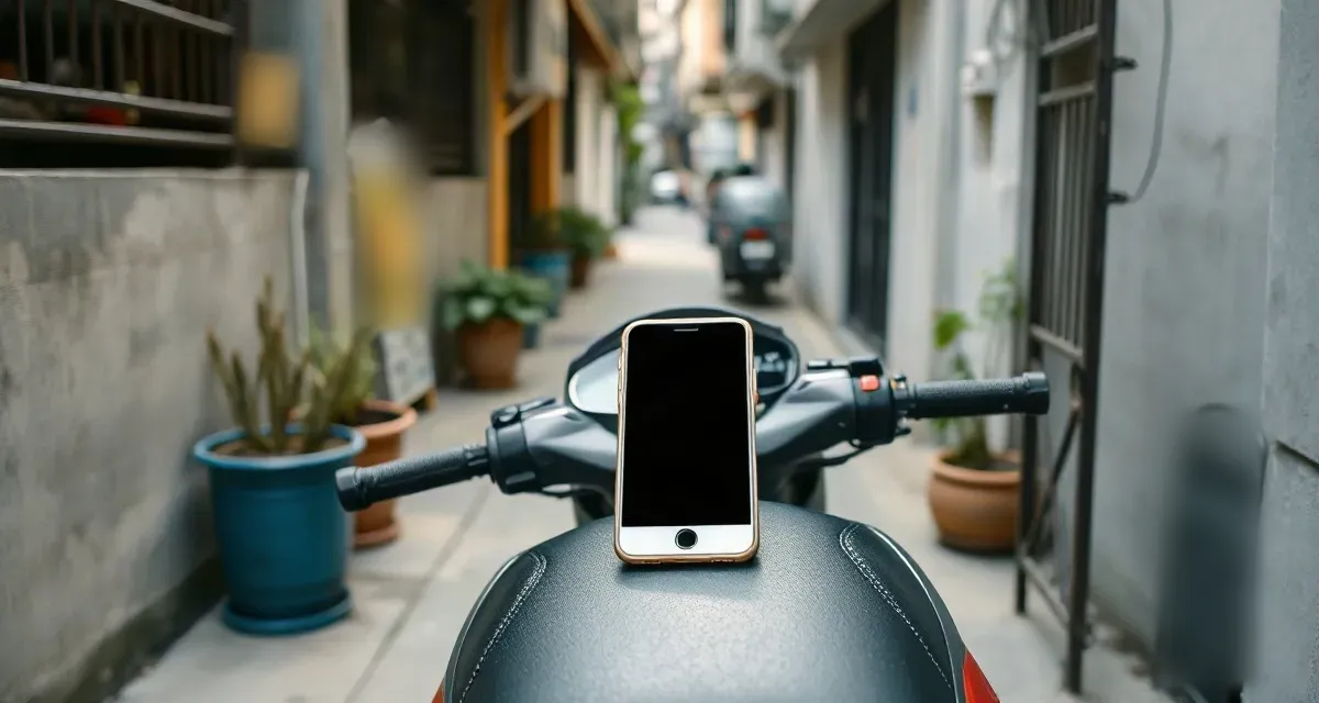 Phone with a dark screen on a scooter seat in a quiet Taipei lane