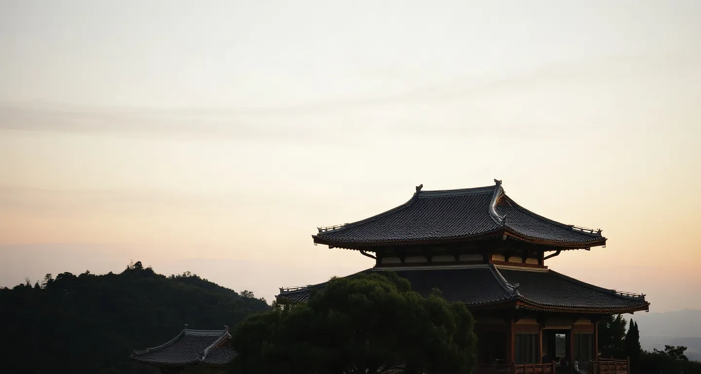 Curved temple roof on a hillside above Taipei at dusk, Taiwan