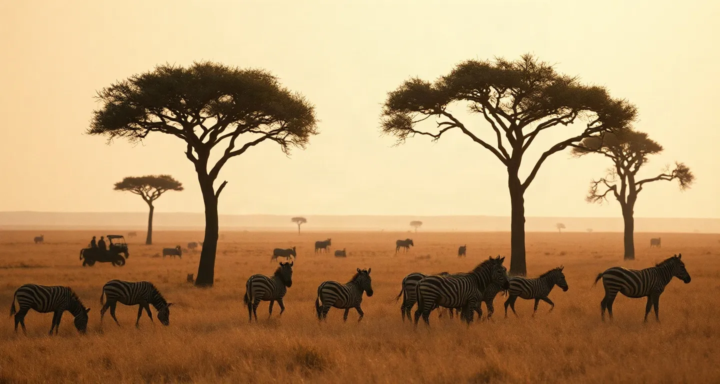 Acacia trees and grazing zebra on the Serengeti plain at dawn, Tanzania
