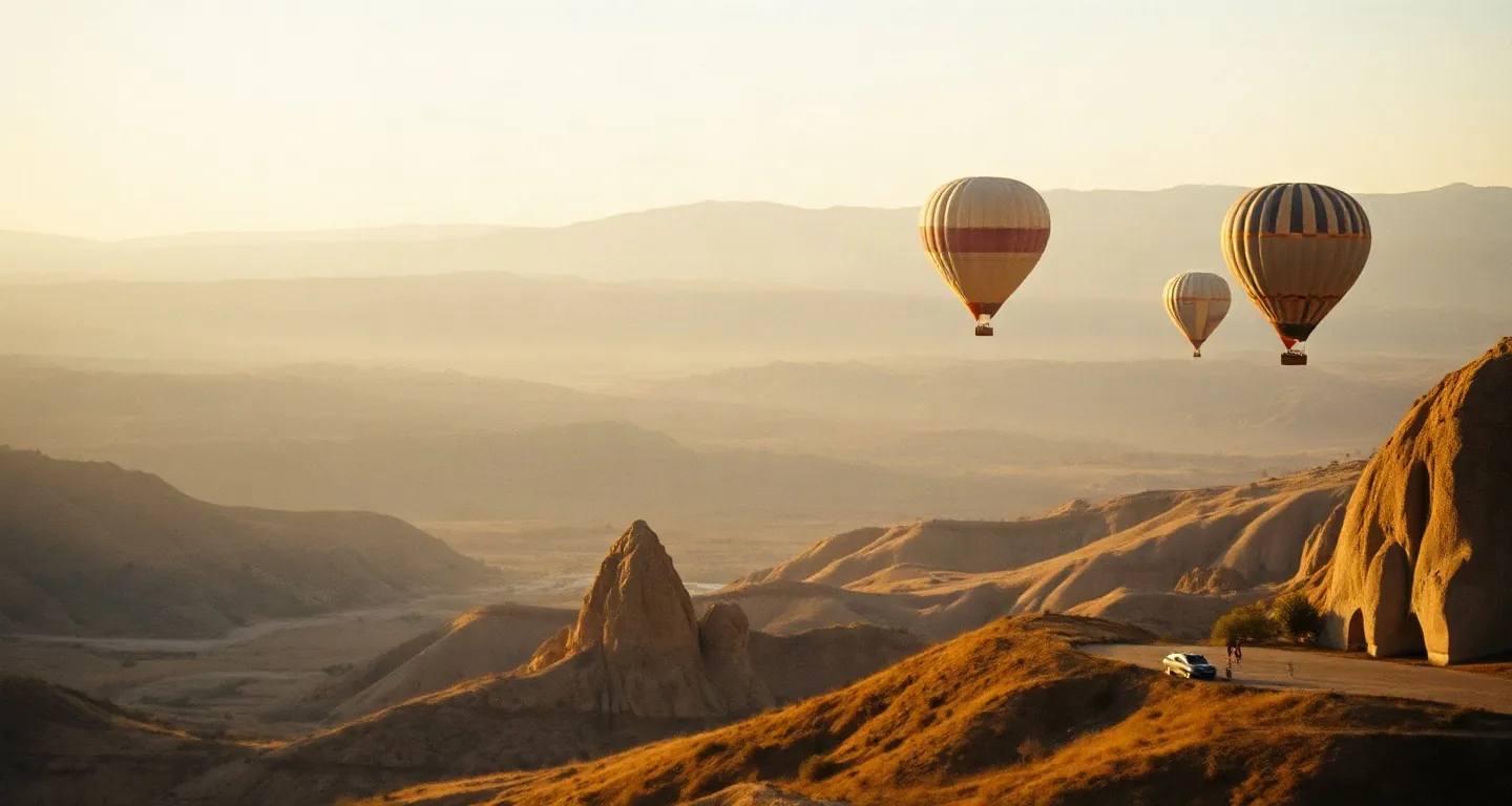 Hot air balloons over the rock valleys of Cappadocia at sunrise, Türkiye