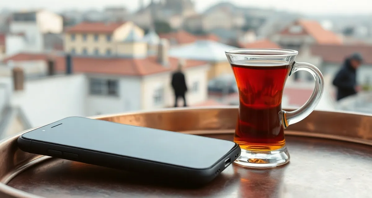 Phone with a dark screen beside a glass of Turkish tea, Istanbul rooftops behind