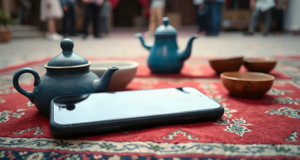 Phone with a dark screen beside a teapot on a patterned carpet in Bukhara, Uzbekistan