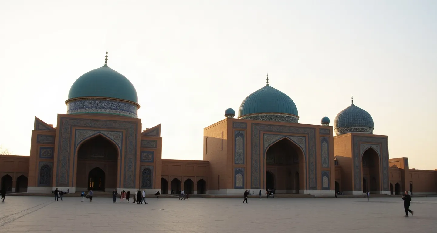 Blue-tiled madrasa domes on the Registan in Samarkand at golden hour, Uzbekistan