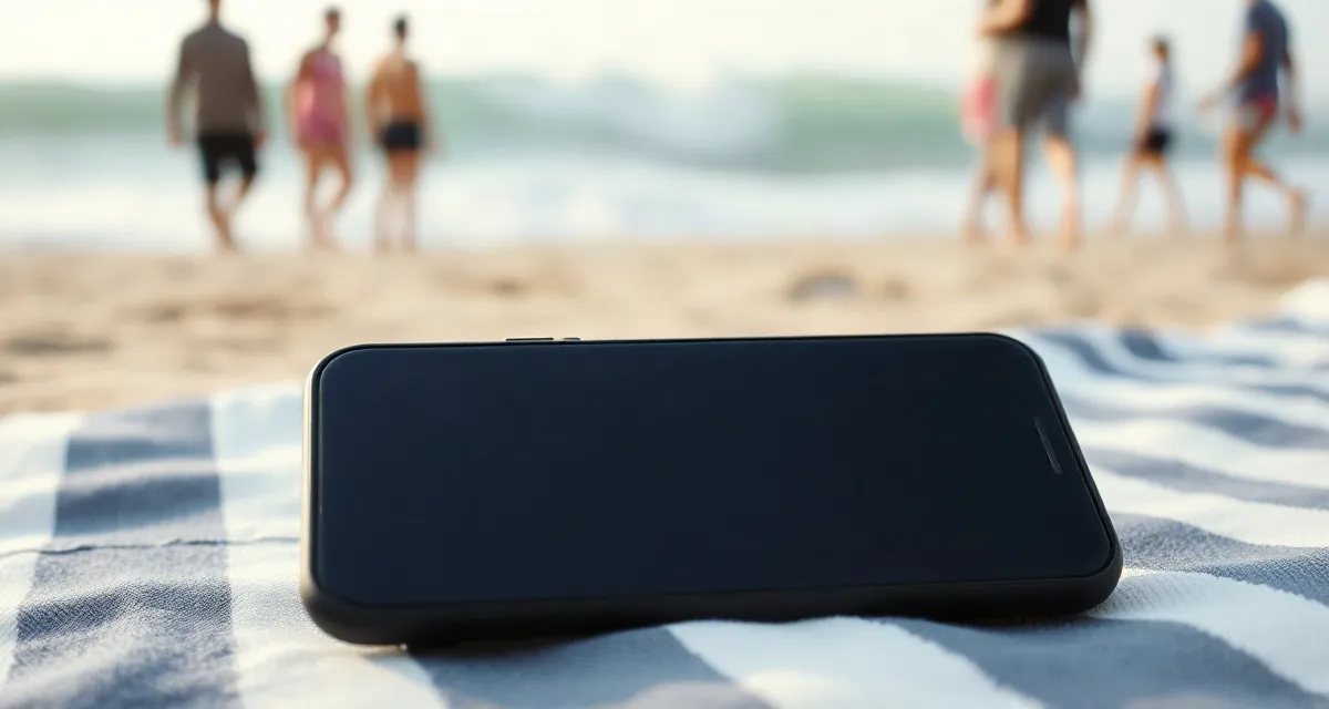 Phone with a dark screen on a beach towel on an Australian surf beach