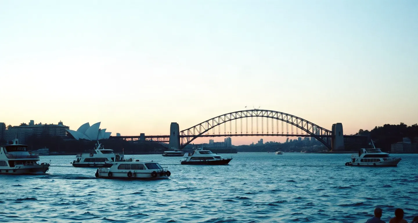 Sydney harbour with ferries and the harbour bridge at dusk, Australia