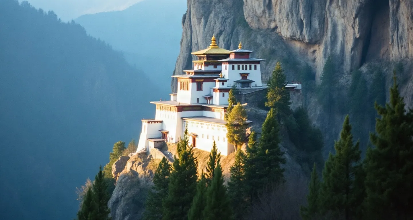 Monastery on a cliff above pine forest in morning light, Paro, Bhutan