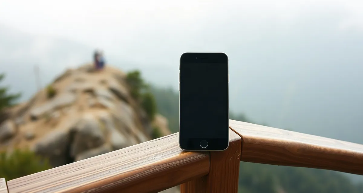 Phone with a dark screen on a wooden railing at a misty mountain pass in Bhutan