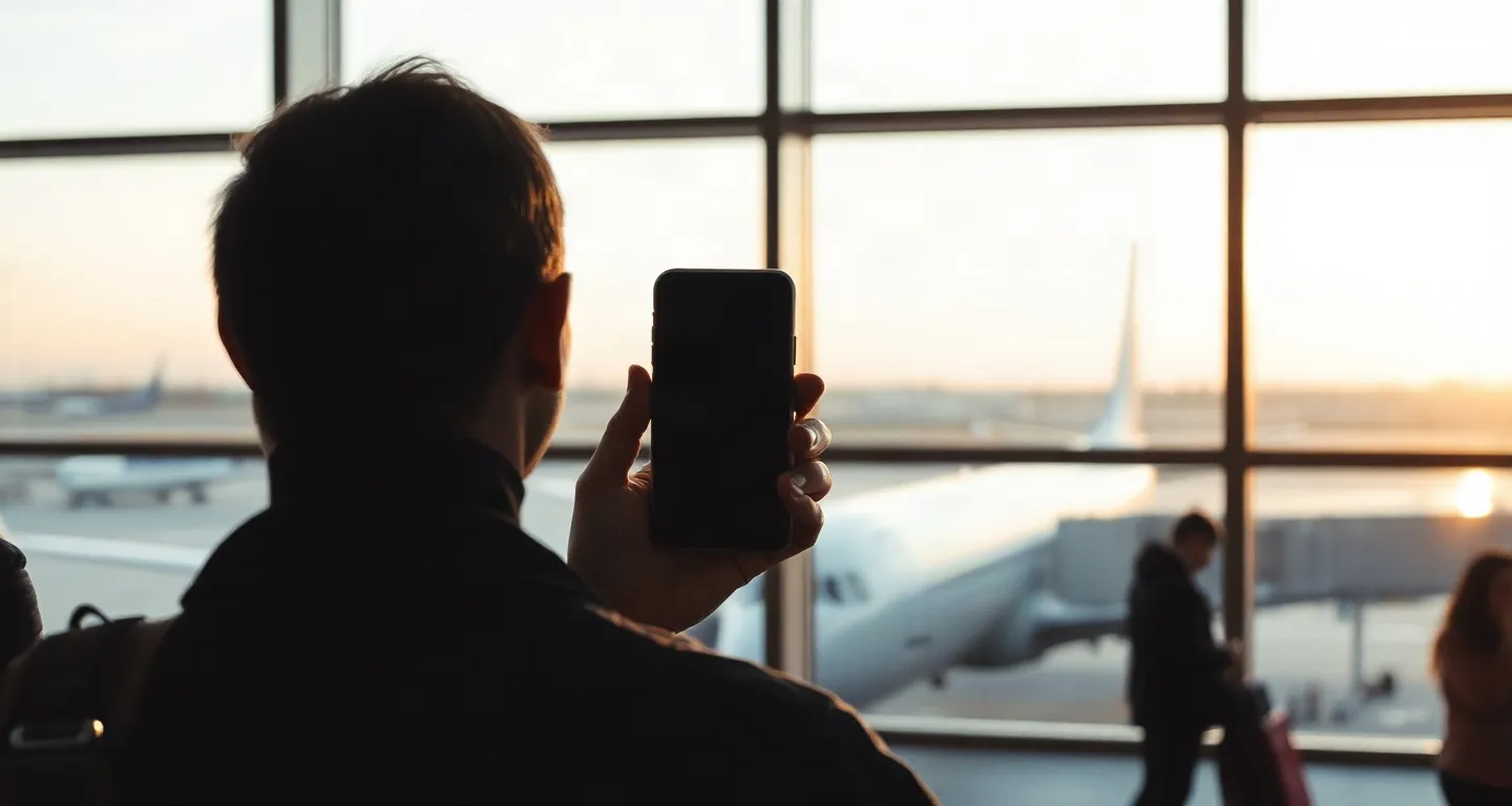 Traveller seen from behind at a departure gate window at dawn, phone in hand