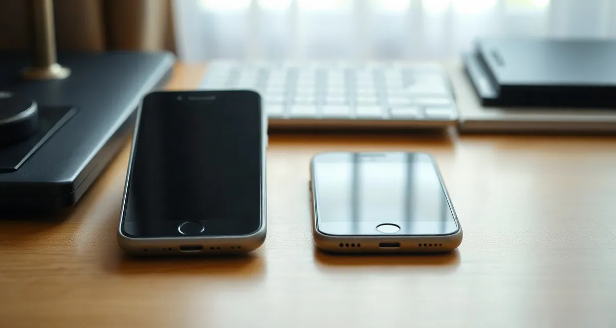 Two phones with dark screens side by side on a hotel desk
