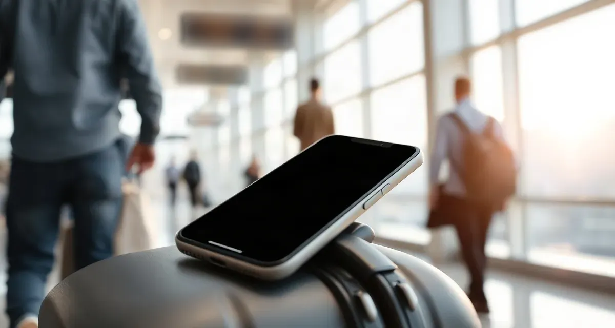 Arrivals hall, Canada Phone with a dark screen on a suitcase in a bright airport hall, Canada
