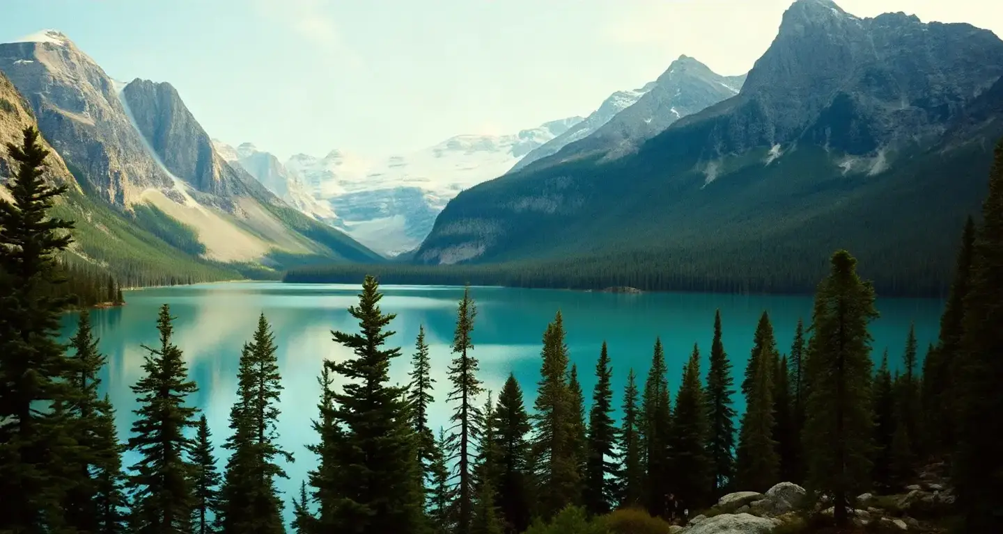 Turquoise mountain lake and pine forest under the Rockies, Canada