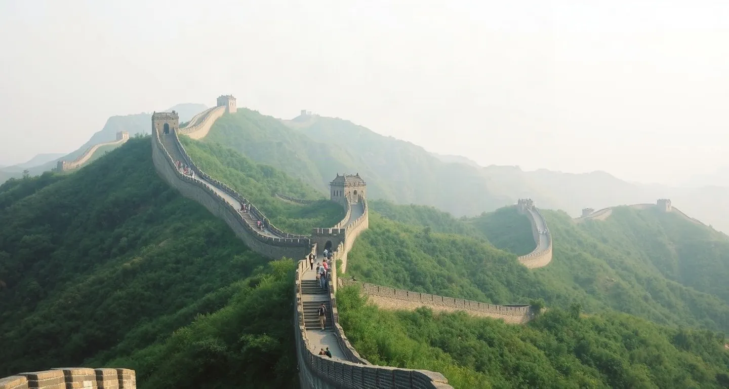 Great Wall winding over green hills near Beijing, China